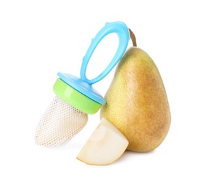 Photo of Nibbler with fresh pear on white background. Baby feeder