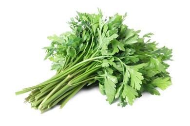 Photo of Heap of chopped parsley leaves isolated on white