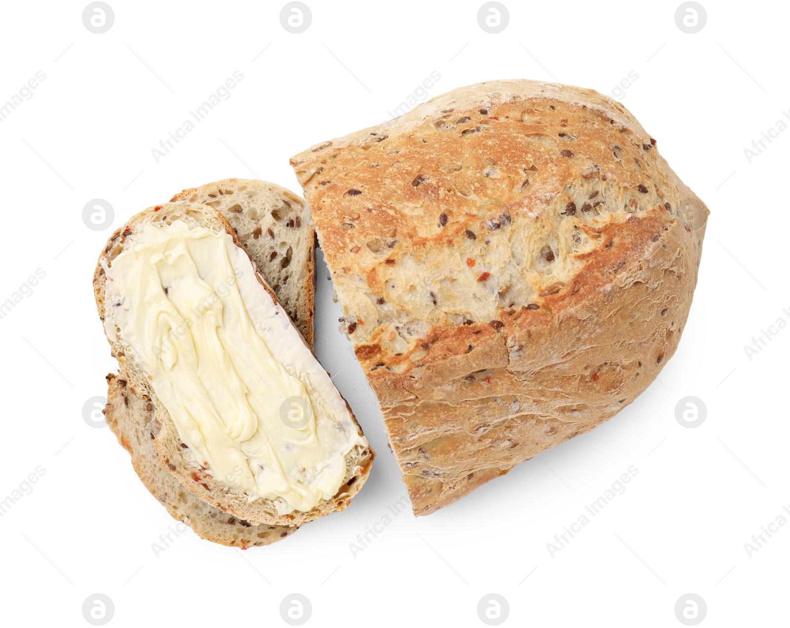 Photo of Tasty bread with butter isolated on white, top view