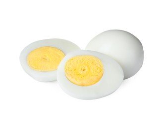 Photo of Fresh peeled hard boiled eggs on white background