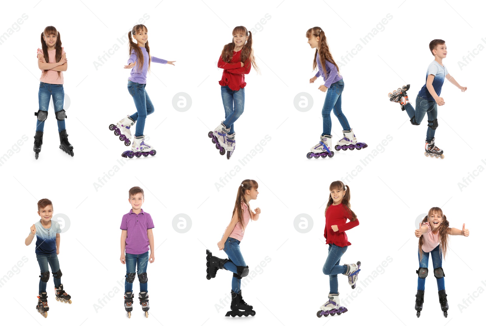 Image of Photos of boy and girl with roller skates on white background, collage design