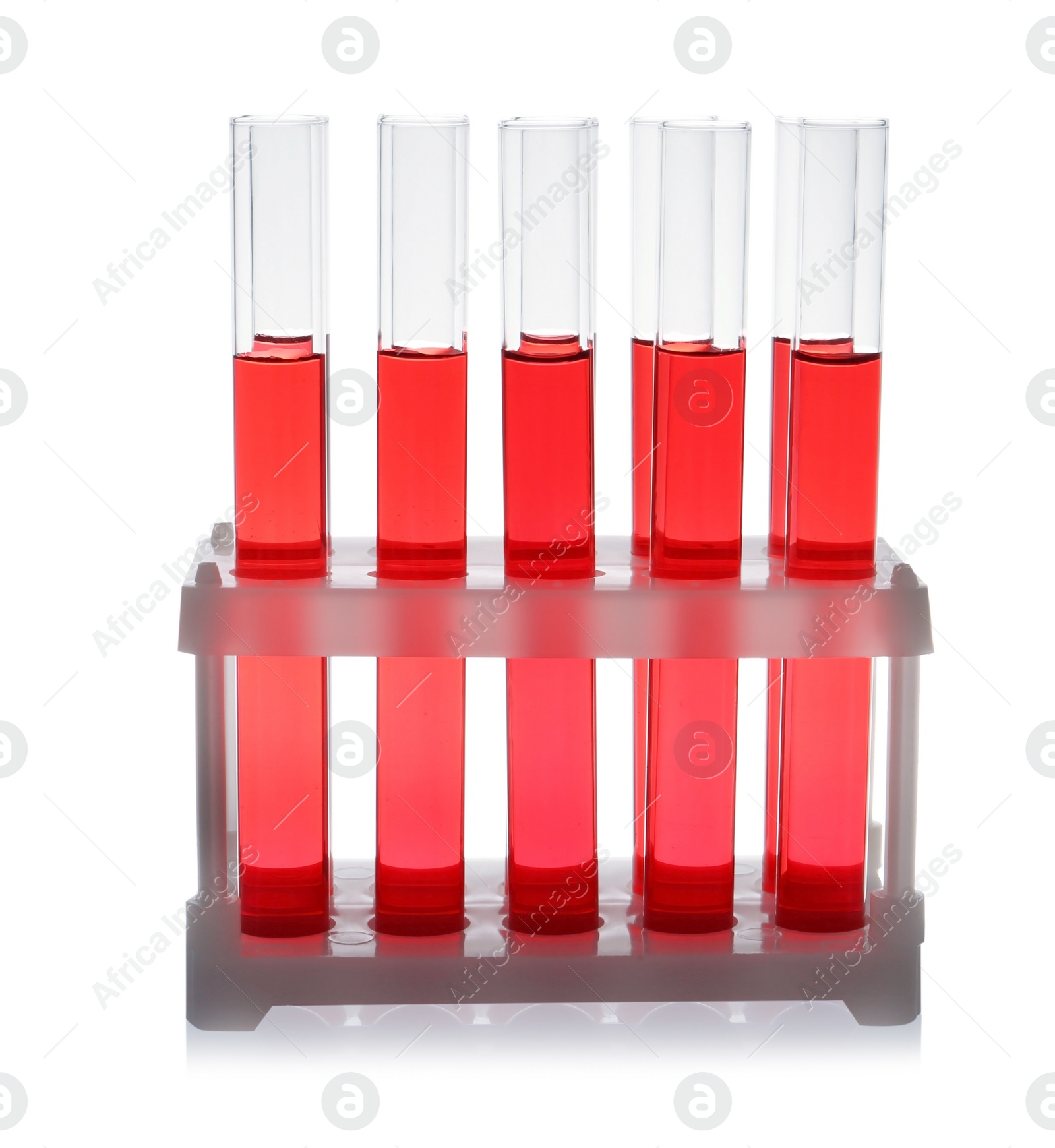 Photo of Test tubes with red liquid on white background. Laboratory glassware