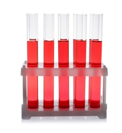 Test tubes with red liquid on white background. Laboratory glassware