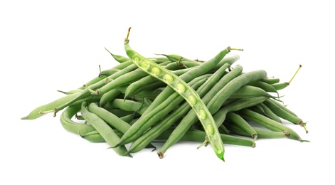 Photo of Delicious fresh green beans on white background