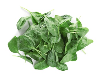 Photo of Heap of fresh green healthy baby spinach leaves isolated on white, top view