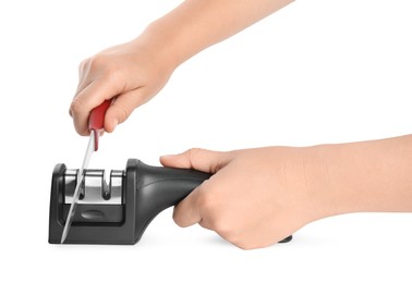 Photo of Woman sharpening knife on white background, closeup
