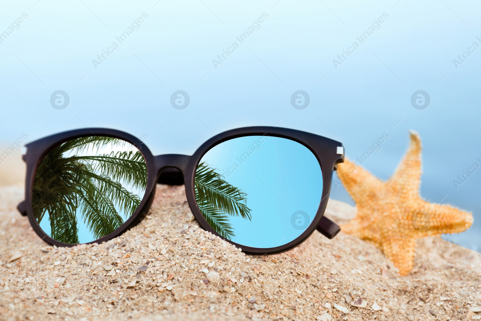 Image of Green palm leaves mirroring in sunglasses on sandy beach with starfish