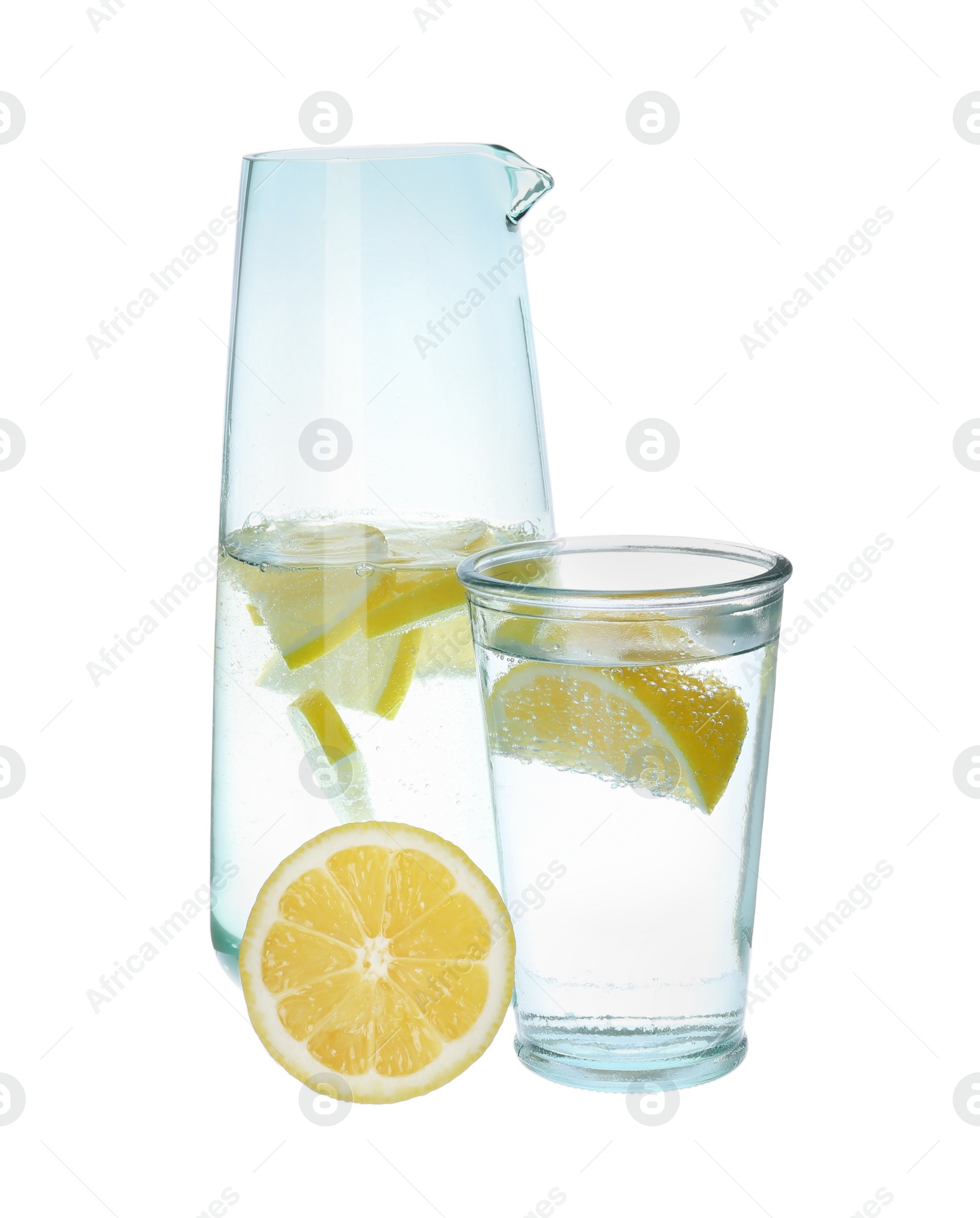 Photo of Refreshing water with lemon slices on white background