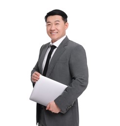 Photo of Businessman in suit with laptop posing on white background