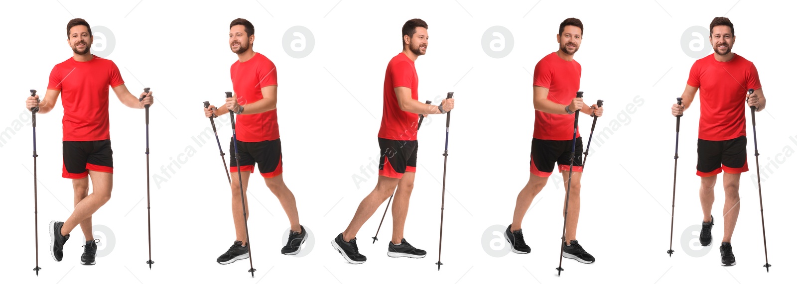 Image of Sporty man with Nordic walking poles on white background, collage with photos