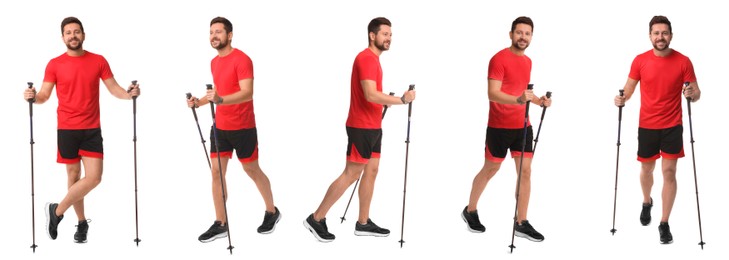 Image of Sporty man with Nordic walking poles on white background, collage with photos