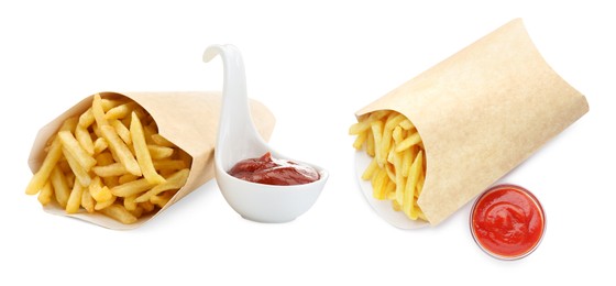 Collage of French fries served with ketchup on white background