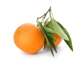 Photo of Whole fresh tangerines with green leaves on white background