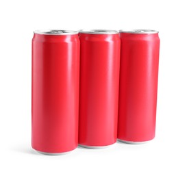 Photo of Energy drinks in red aluminum cans on white background