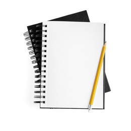 Photo of Notebook and pencil isolated on white, top view