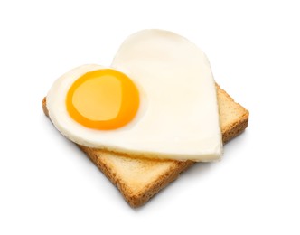 Tasty fried egg in shape of heart with toast isolated on white