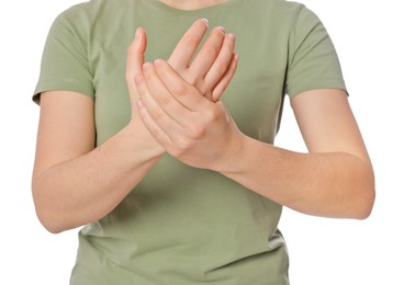 Photo of Woman suffering from pain in hand on white background, closeup. Arthritis symptom