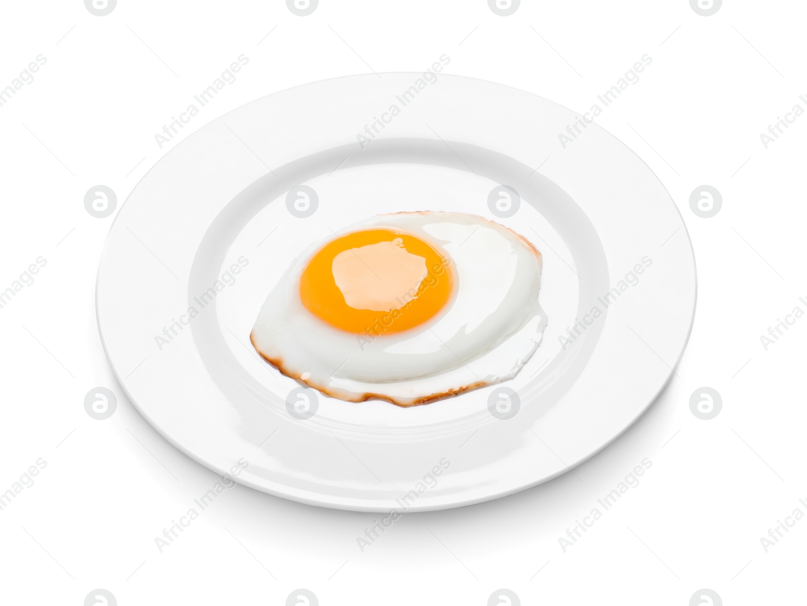 Photo of Plate with delicious fried egg isolated on white