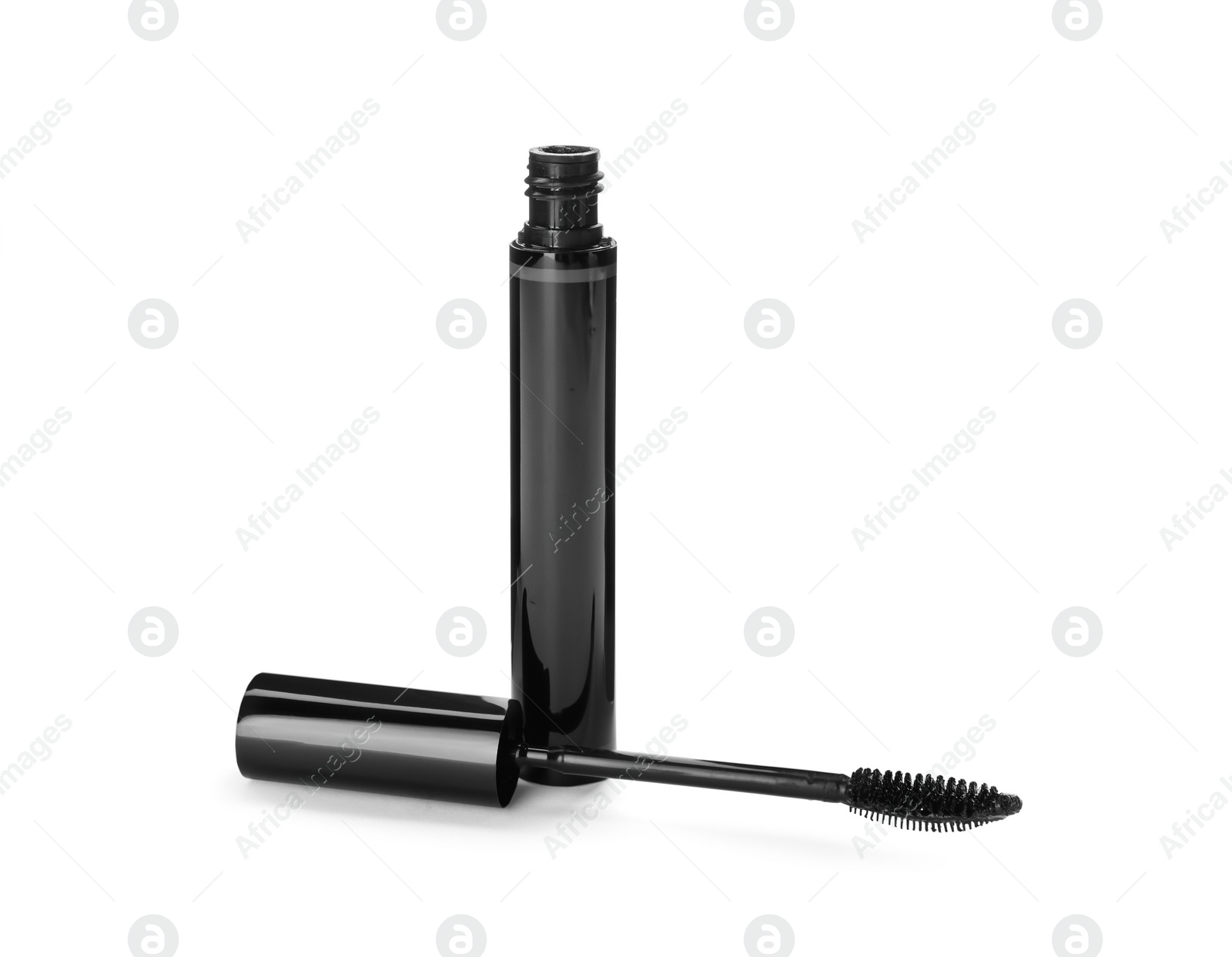 Photo of Mascara for eyelashes on white background. Makeup product