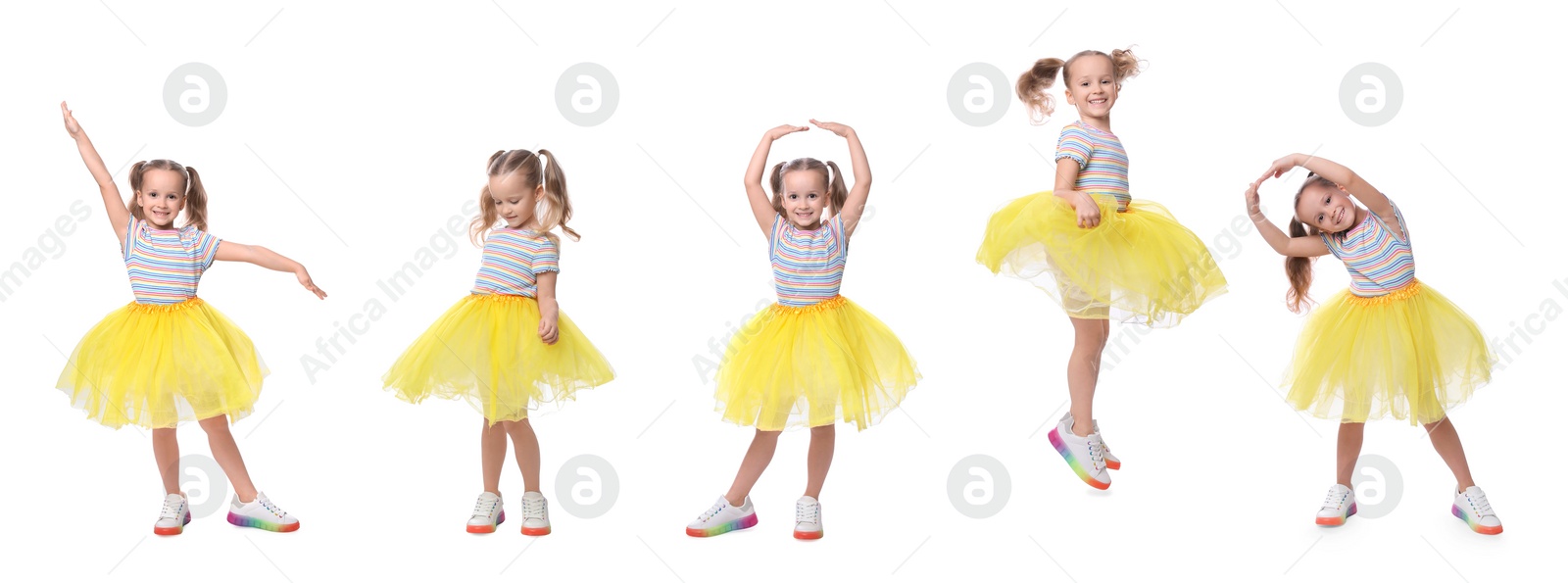 Image of Cute little girl in tutu skirt dancing and jumping on white background, set of photos