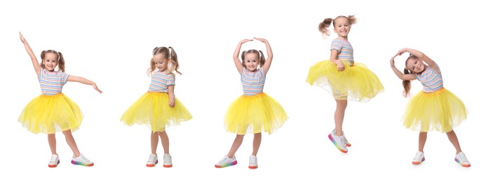 Image of Cute little girl in tutu skirt dancing and jumping on white background, set of photos
