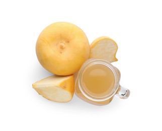 Photo of Freshly made turnip juice on white background, top view