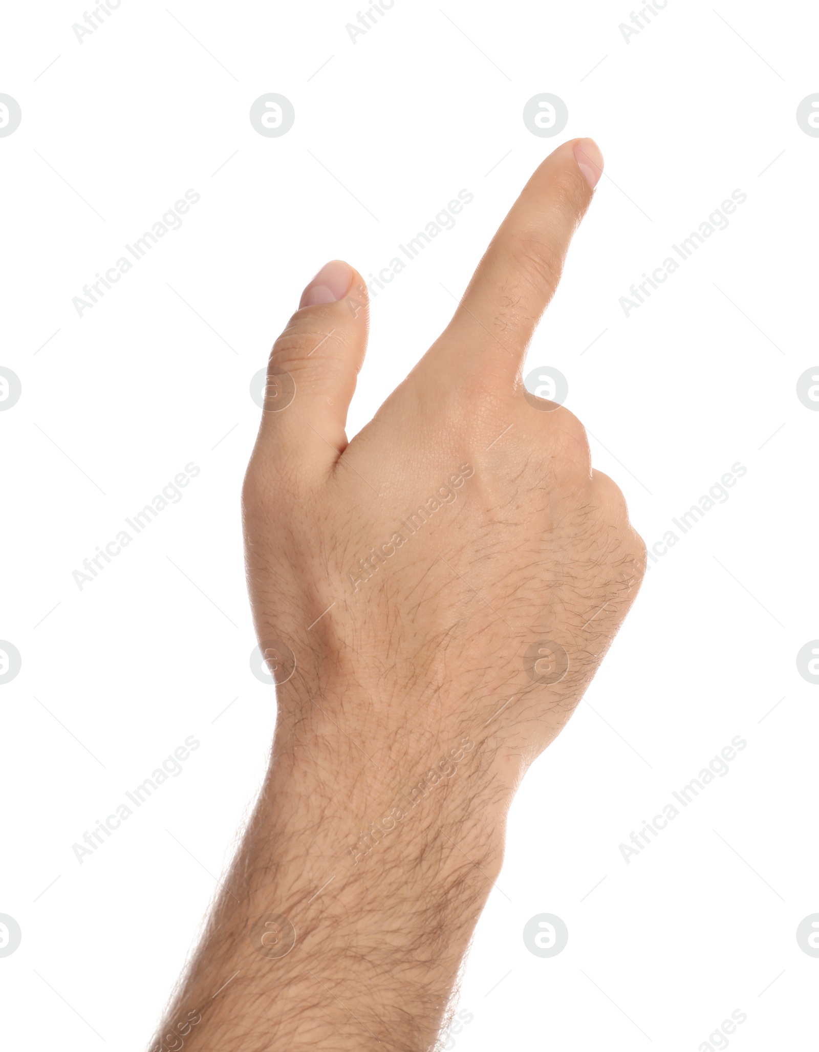 Photo of Man pointing at something on white background, closeup. Finger gesture