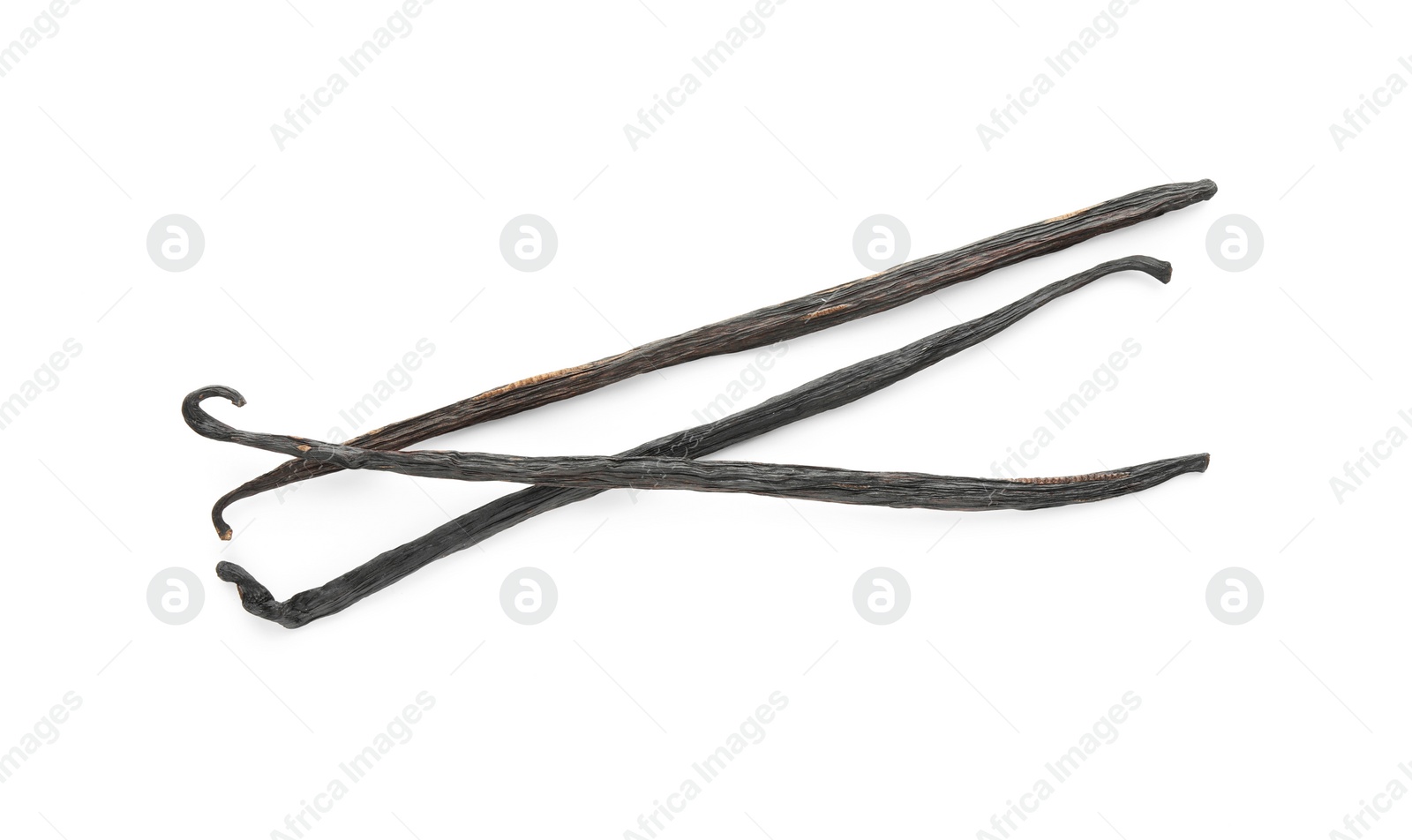 Photo of Many aromatic vanilla pods isolated on white, top view