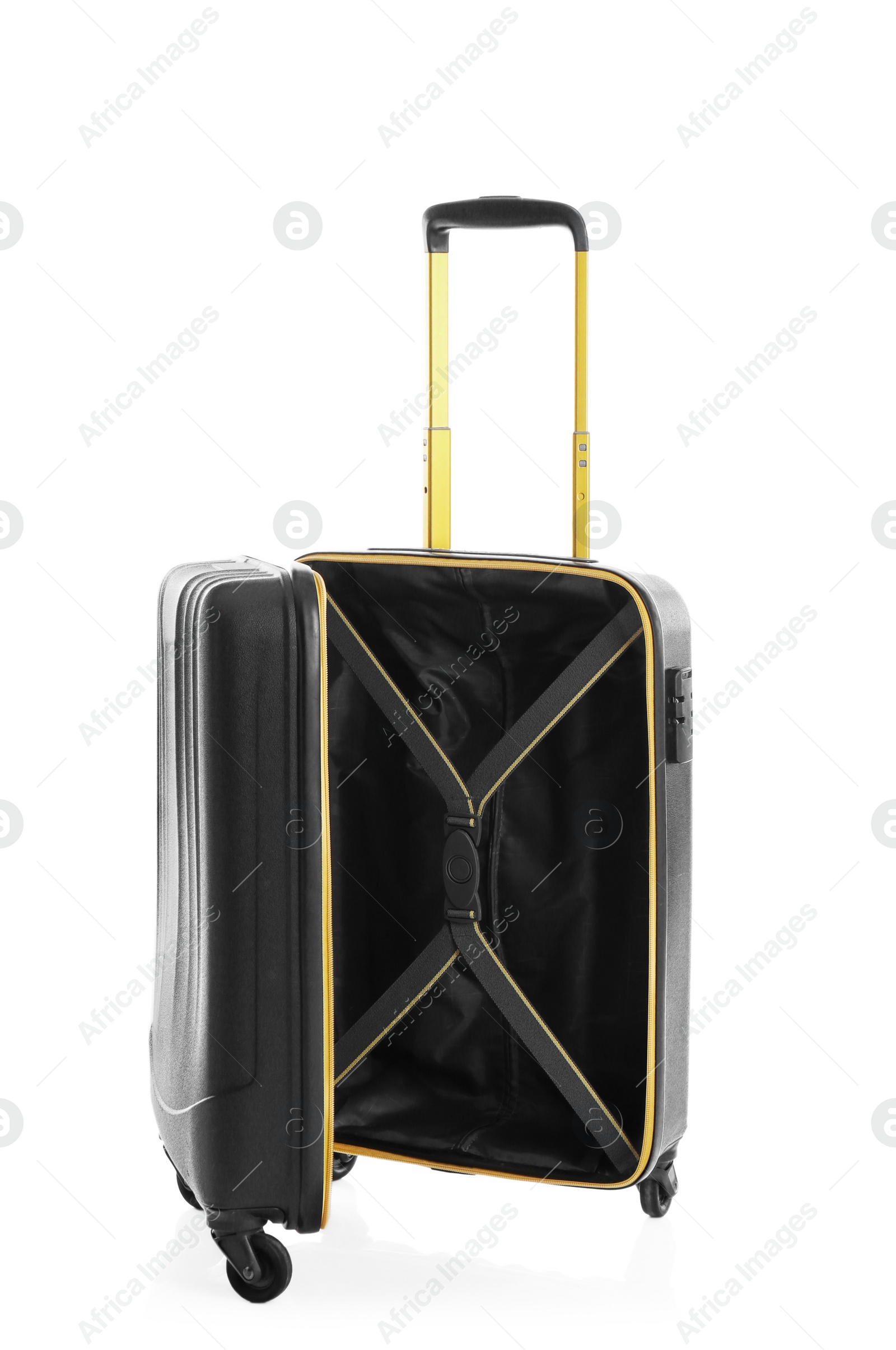 Photo of Open suitcase for travelling on white background