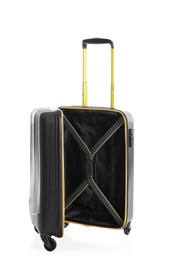 Photo of Open suitcase for travelling on white background