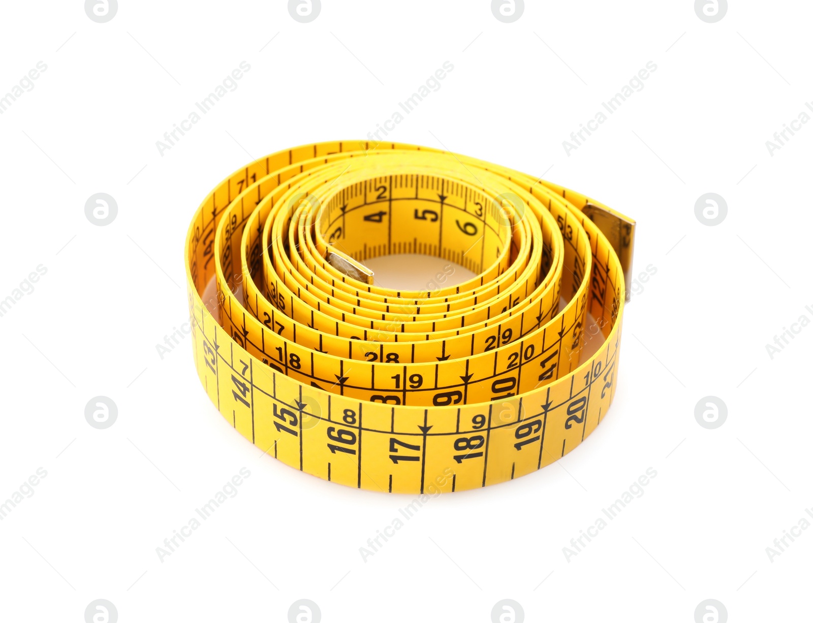 Photo of Long yellow measuring tape isolated on white