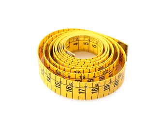 Photo of Long yellow measuring tape isolated on white