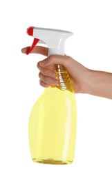 Photo of Woman holding plastic spray bottle with liquid isolated on white, closeup