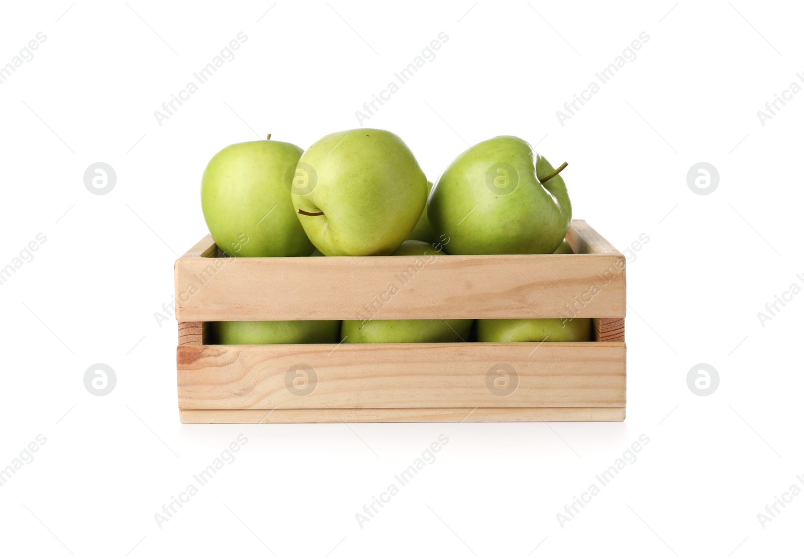 Photo of Wooden crate full of fresh green apples on white background