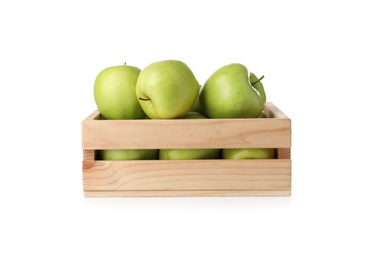 Wooden crate full of fresh green apples on white background