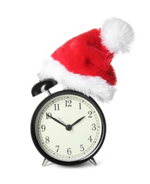 Photo of Alarm clock with Santa hat on white background. Christmas countdown