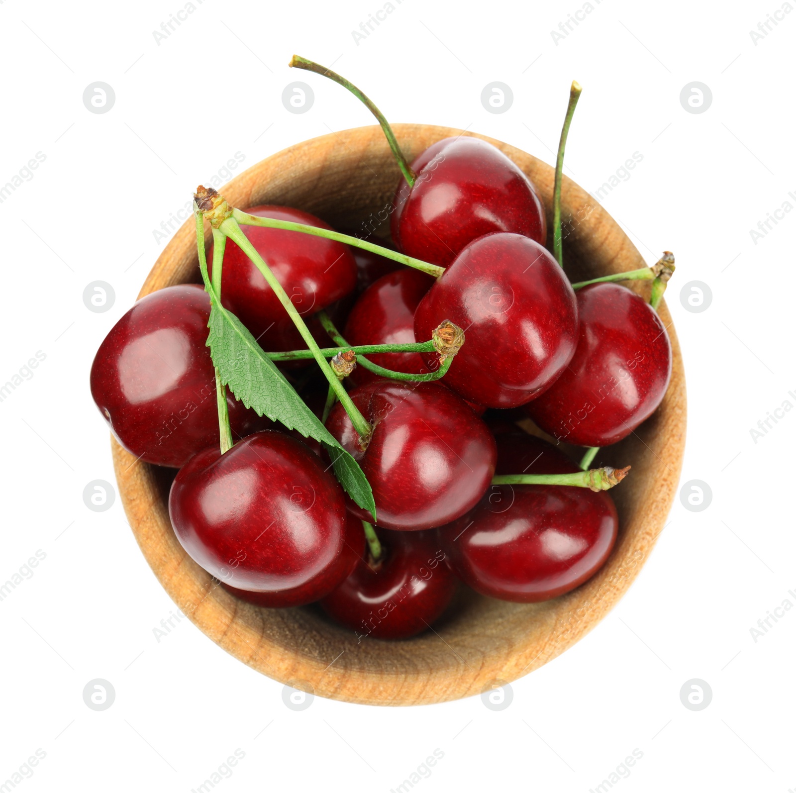 Photo of Wooden bowl with ripe sweet cherries on white background, top view