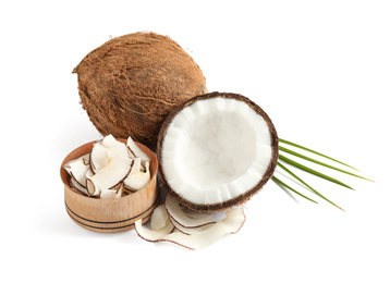 Photo of Composition with tasty coconut chips on white background