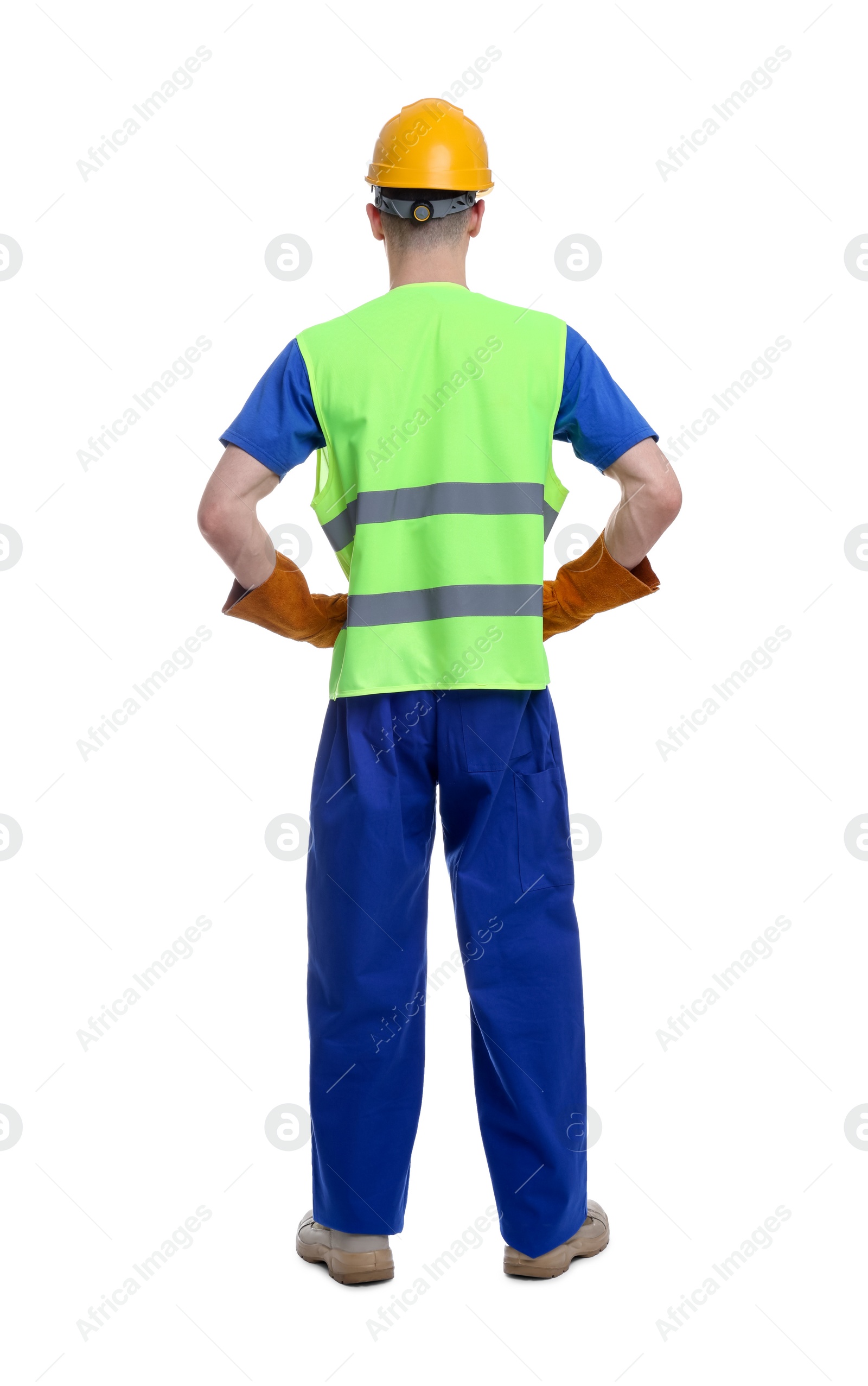 Photo of Young man wearing safety equipment on white background, back view