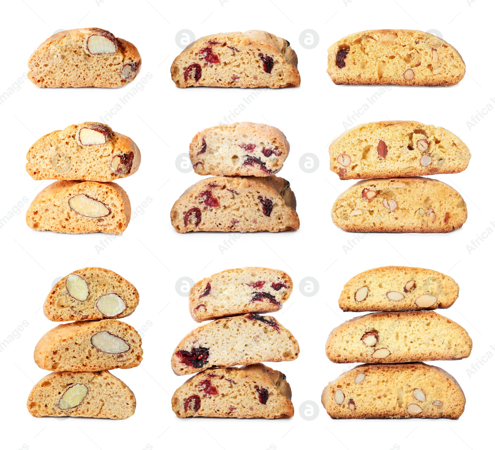 Image of Set with different tasty cantucci on white background. Traditional Italian biscuits