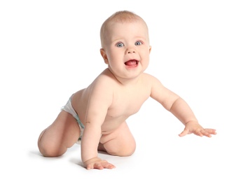 Photo of Cute little baby crawling on white background