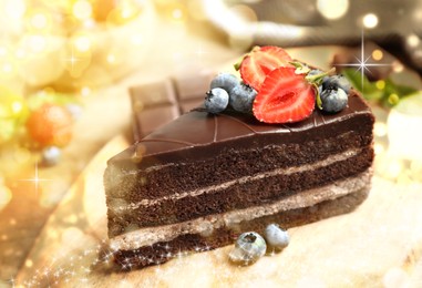 Image of Yummy chocolate cake with berries on plate, closeup. Tasty dessert for Christmas dinner