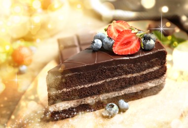 Yummy chocolate cake with berries on plate, closeup. Tasty dessert for Christmas dinner