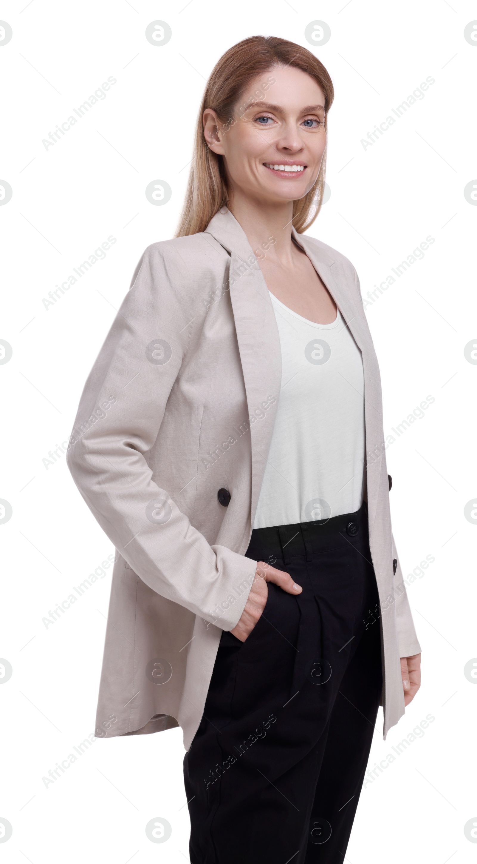 Photo of Portrait of beautiful happy businesswoman on white background