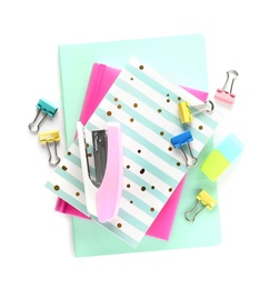 Photo of Set of colorful school stationery on white background, top view