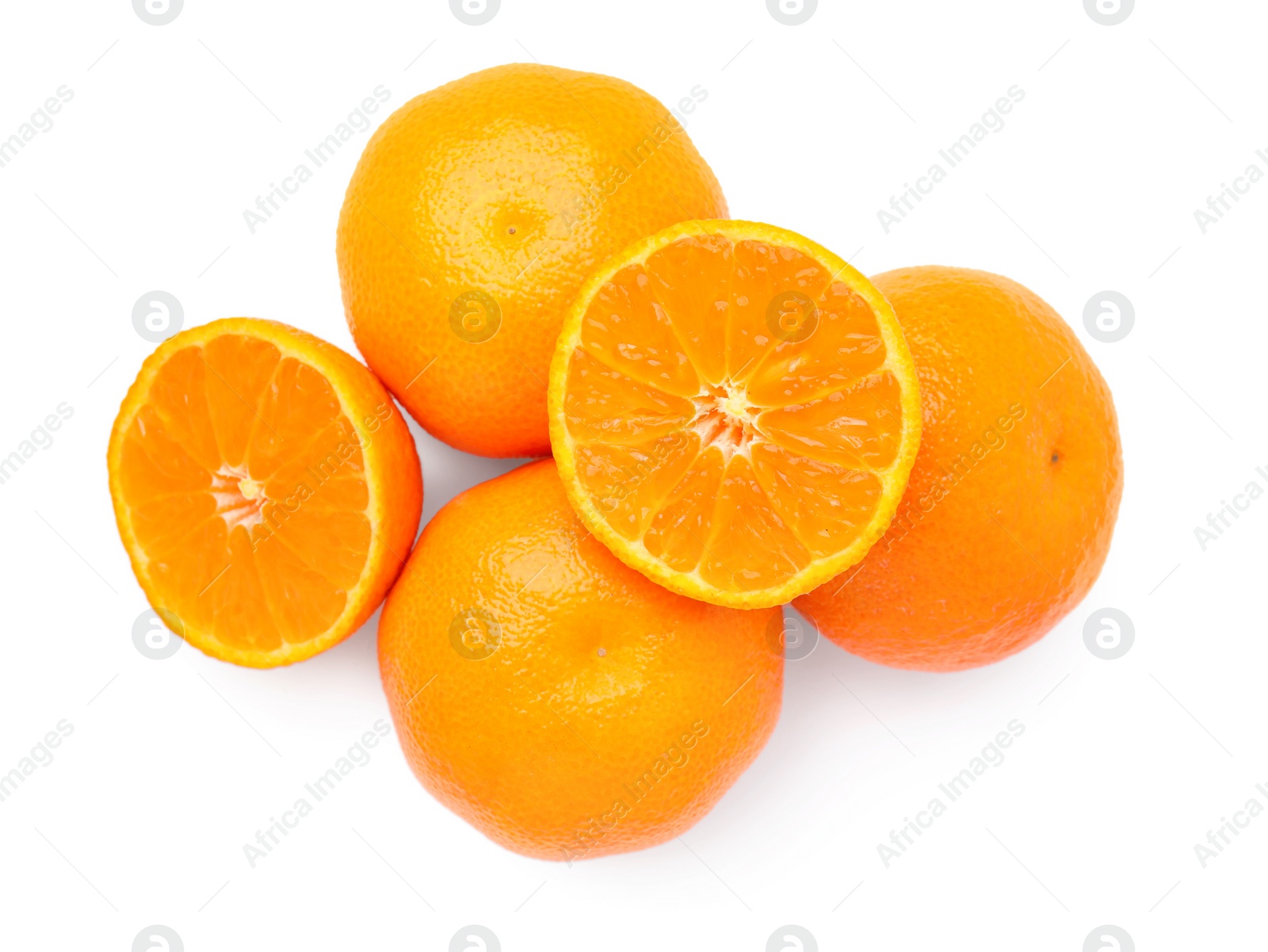 Photo of Fresh ripe juicy tangerines on white background, top view