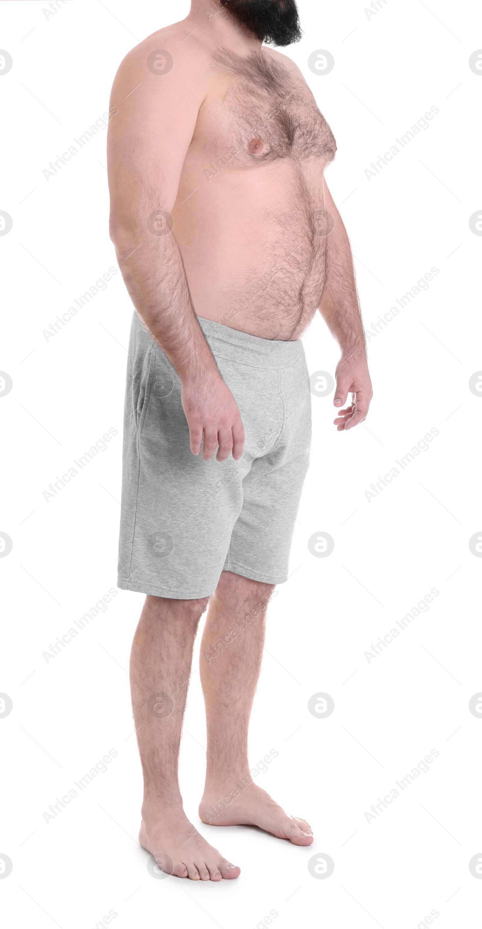 Photo of Overweight man isolated on white, closeup. Weight loss