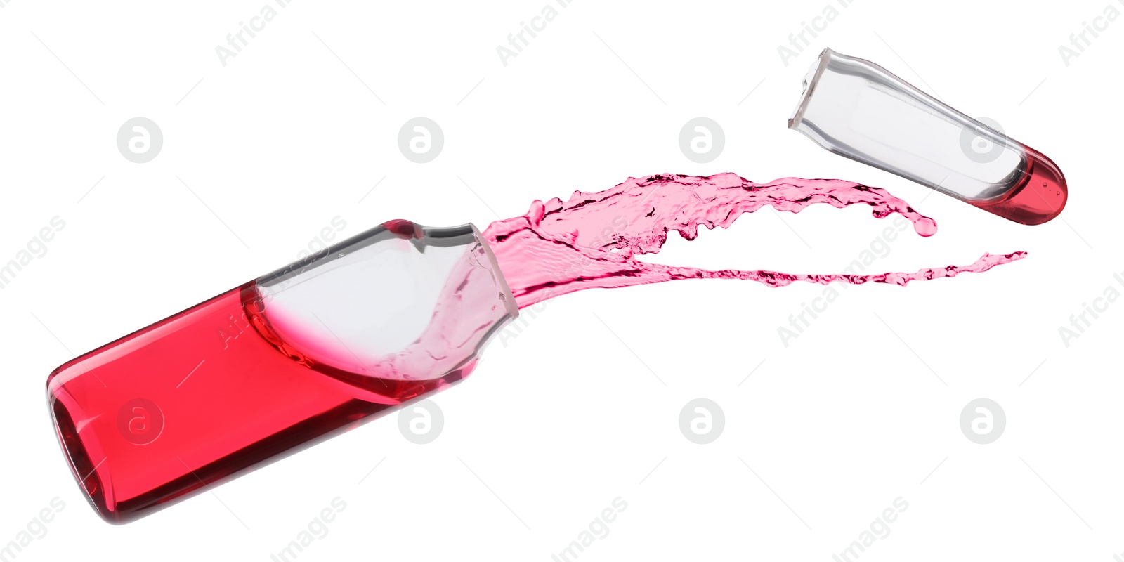 Image of Open glass ampoule with pharmaceutical product on white background