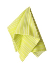 Photo of Clean kitchen towel hanging on white background