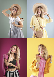 Image of Collage of beautiful young woman posing on different color backgrounds